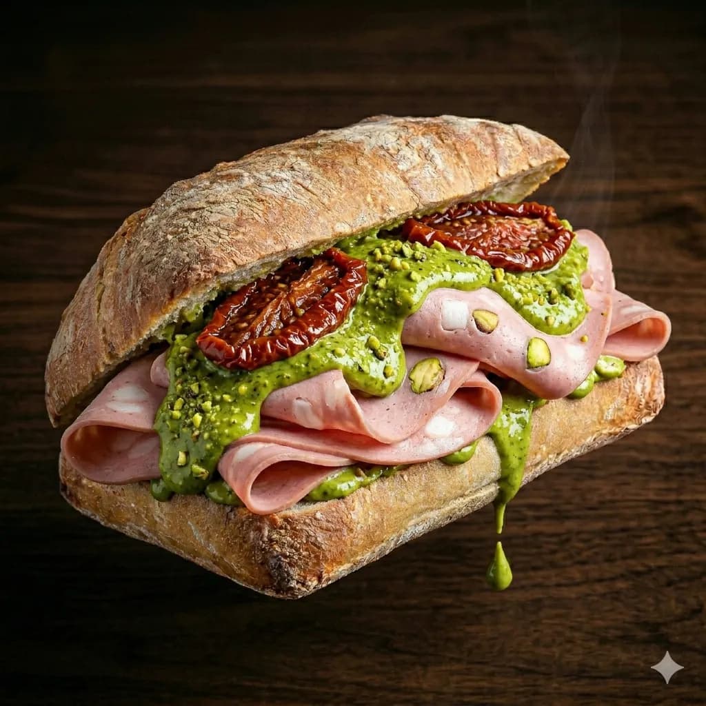 L'Antico — mortadella IGP a fette spesse, crema di pistacchio, pomodorini secchi
