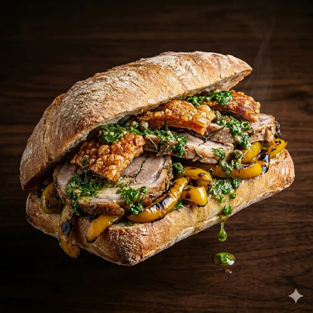 Il Porchettone — porchetta arrosto, peperoni gialli arrostiti, salsa verde